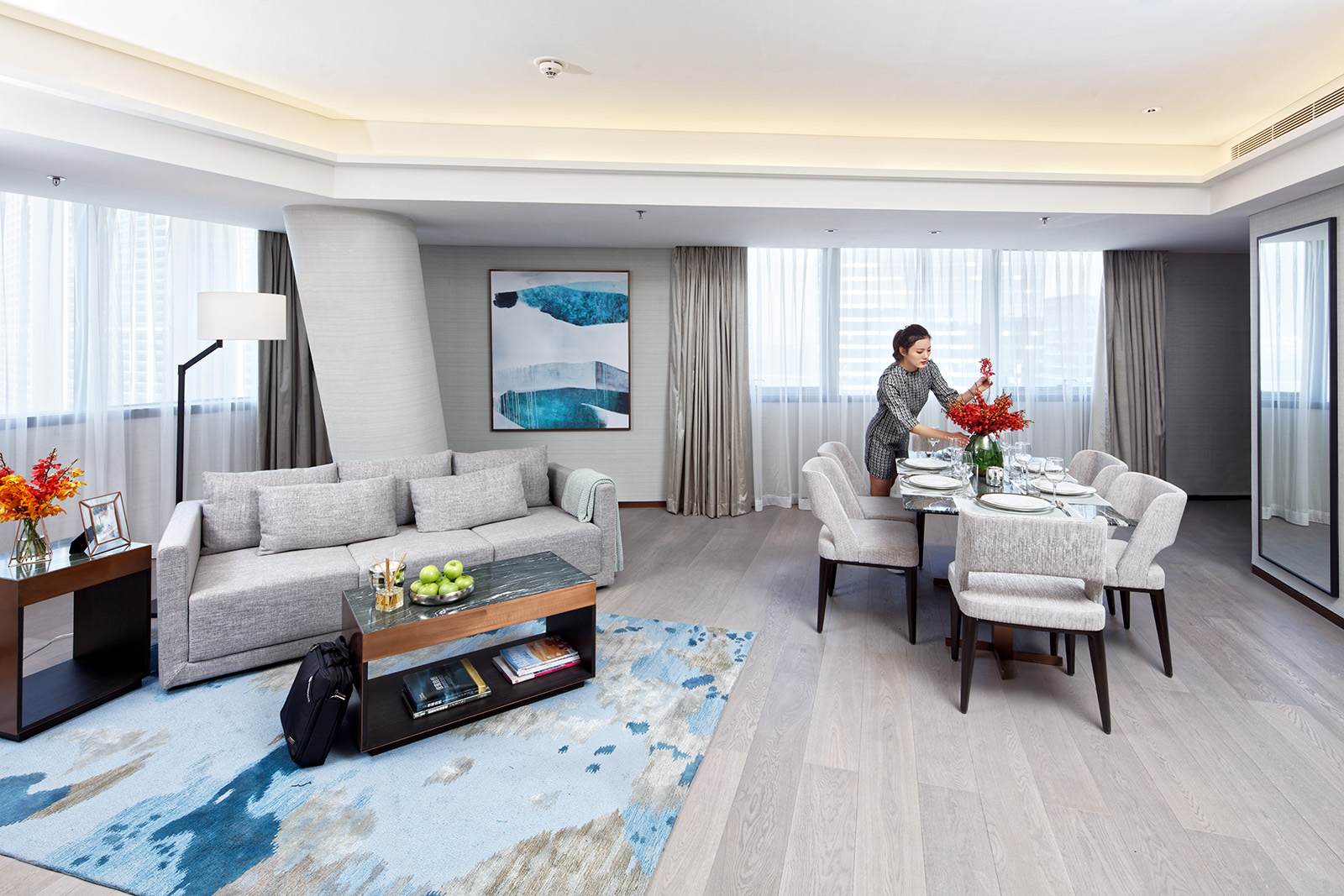 Interior, exterior, and aerial drone architectural photography of the Fraser Suites in Dalian, China. Paul Dingman is an architectural photographer based in Asia and China and specializing in the photography of hotels and resorts.