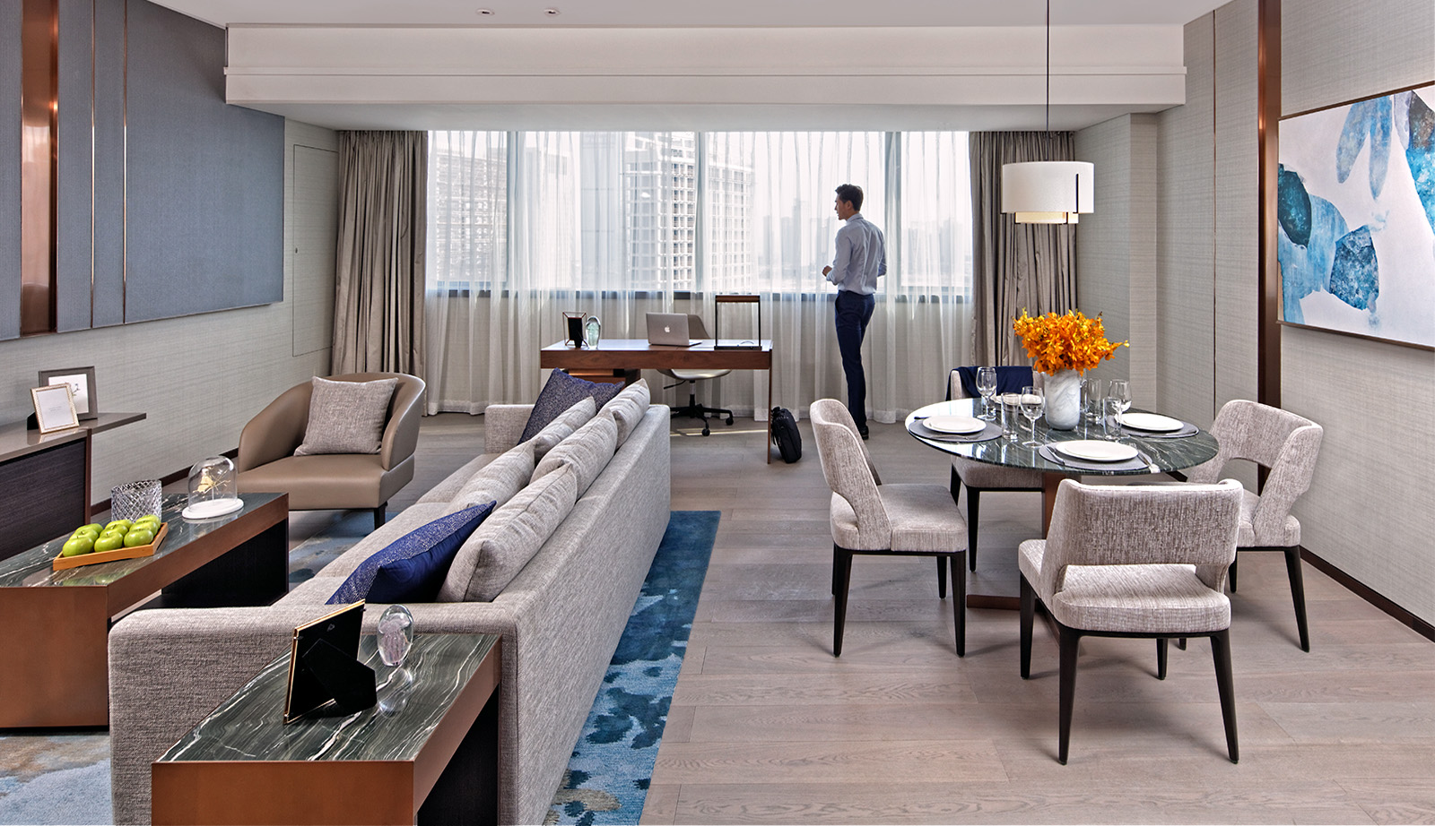 Interior, exterior, and aerial drone architectural photography of the Fraser Suites in Dalian, China. Paul Dingman is an architectural photographer based in Asia and China and specializing in the photography of hotels and resorts.