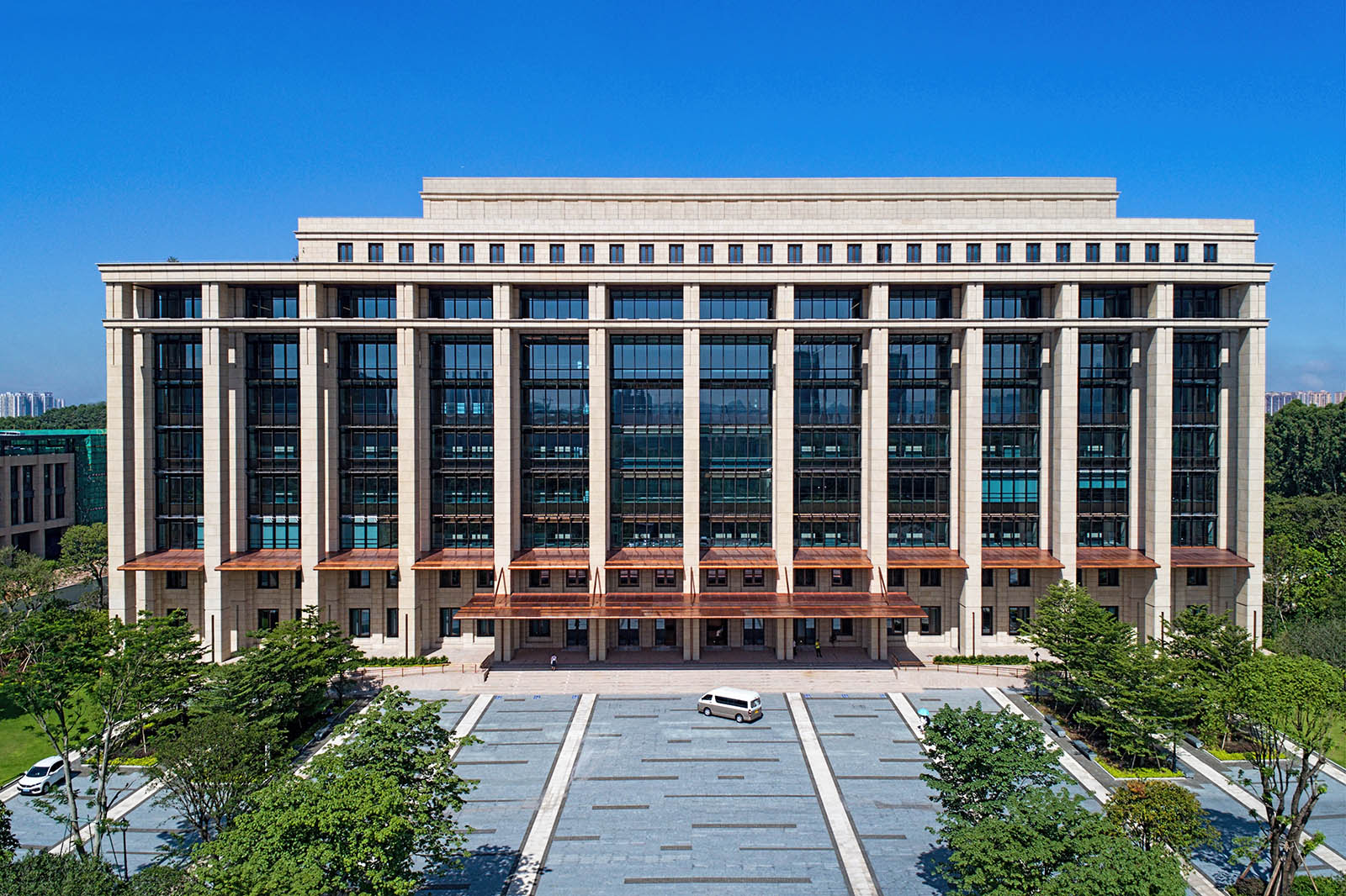 Interior, exterior, and aerial drone architectural photography of the Huawei Financial Center in Shenzhen, China commissioned by HDR Architects. © Paul Dingman architectural photographer
