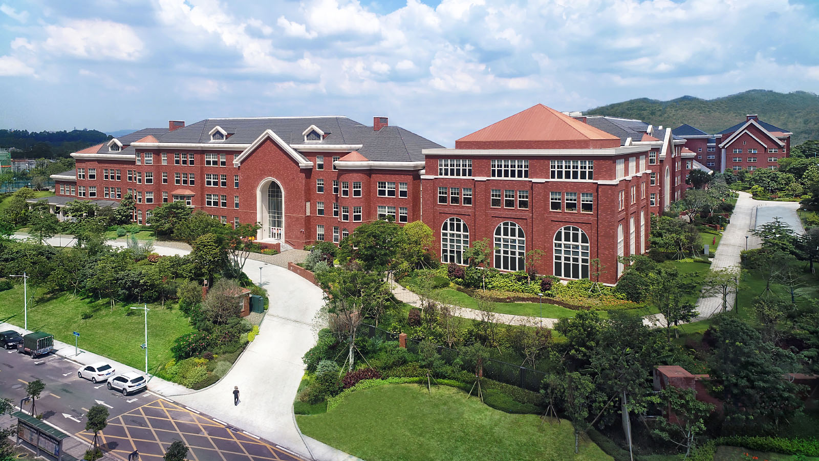 Aerial drone photography of the Taiwan Park International School in Dongguan, China. Architect: HDR.