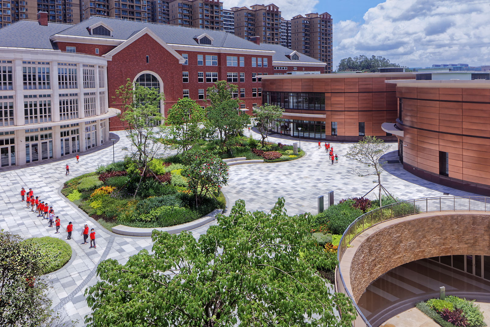 Exterior photography of the Taiwan Park International School in Dongguan, China. Architect: HDR.